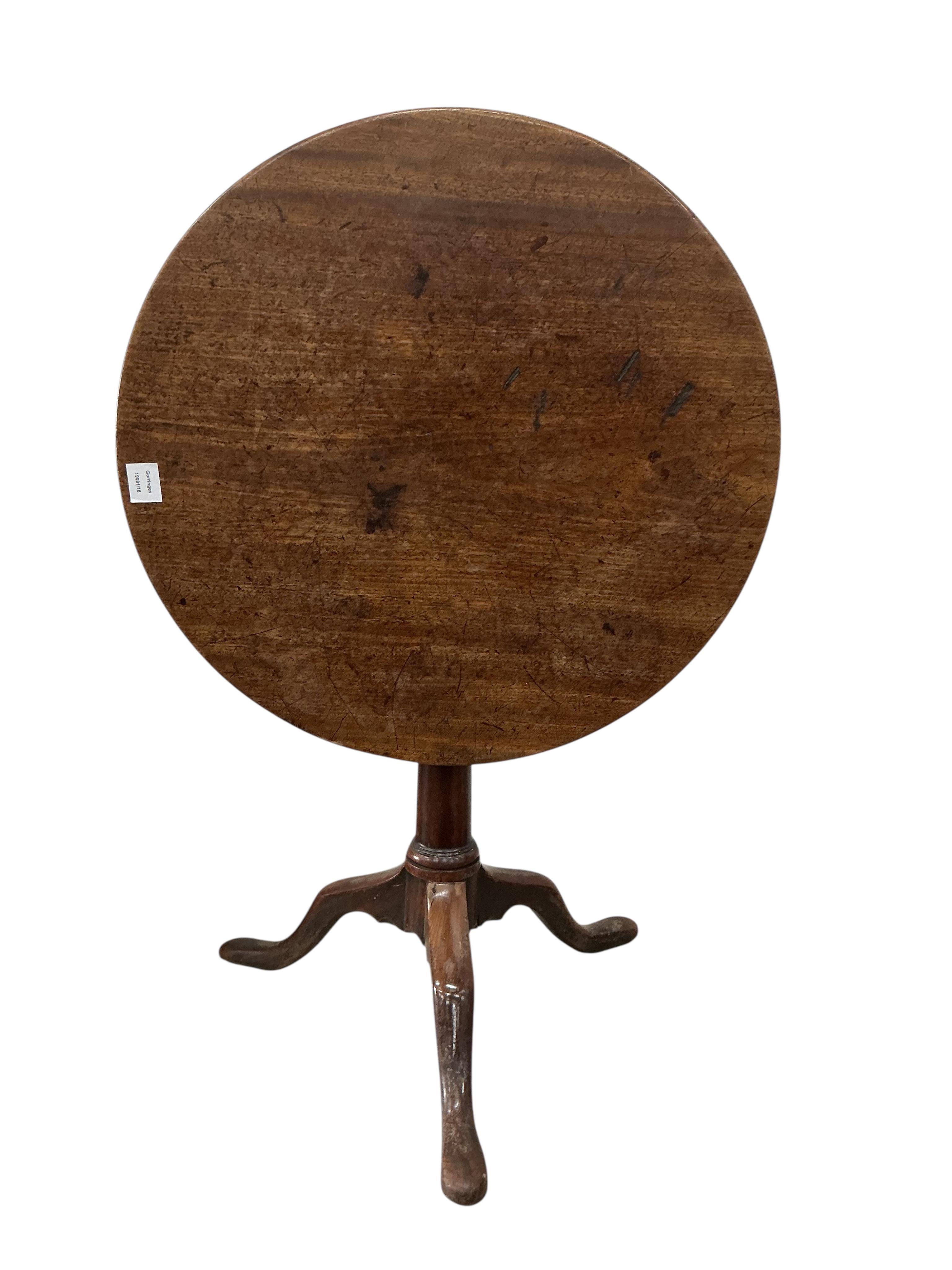 A George III circular mahogany tilt top birdcage tea table, diameter 69cm, height 65cm, reduced